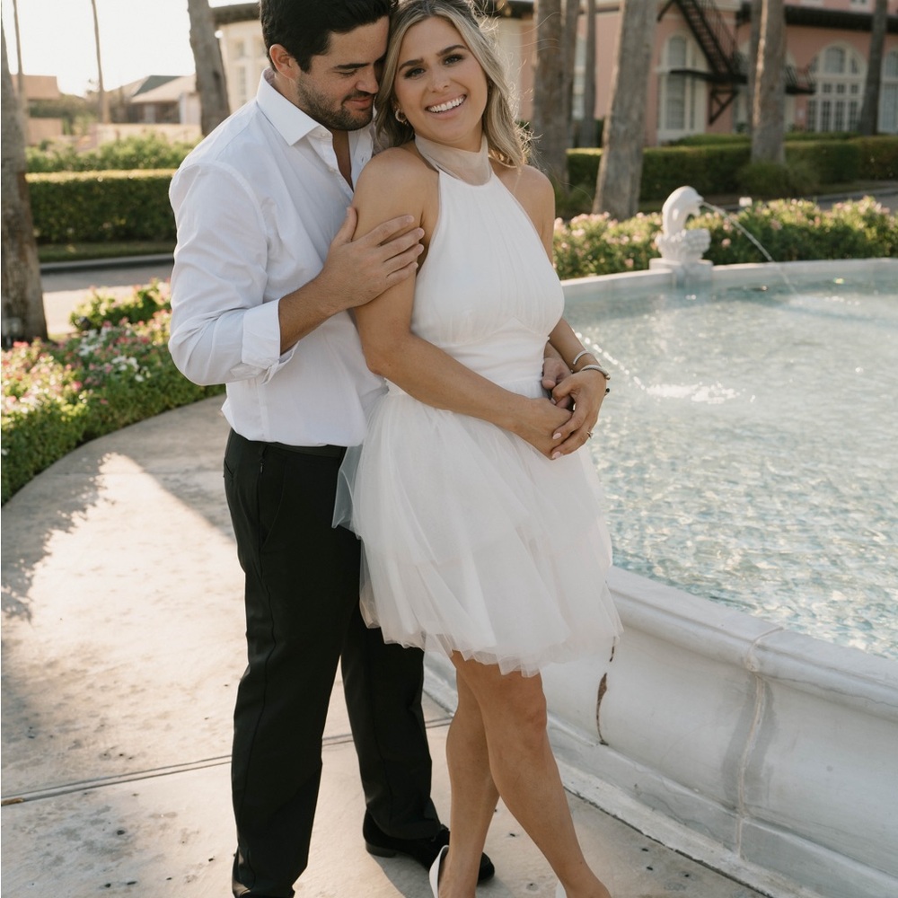 Selfie Leslie White halter dress. bridal engagement